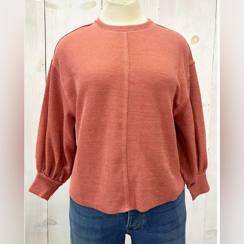 A Beautiful Soul Plus Size Deep Coral Balloon Sleeve Crew Neck Relaxed Fit Top